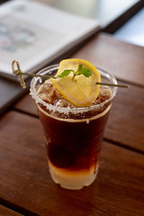Fusions Coffee Espresso Soda lemon On Top Wood Table