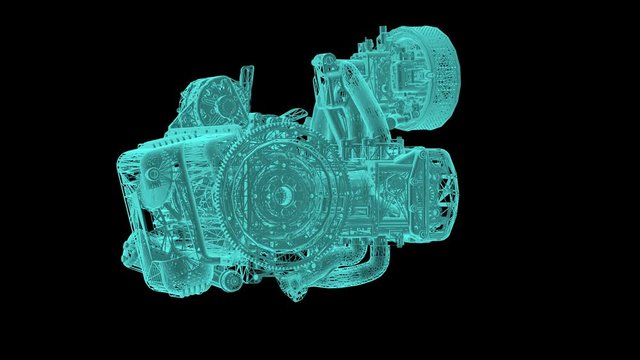 Wireframe Car Engine Rotating