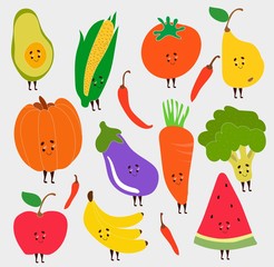 Set with hand drawn colorful doodle fruits and vegetables. Sketch style big vector collection.