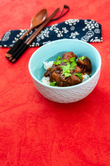 Asian style caramel pork with rice and vegetable