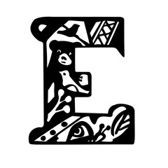 Letter E. Stylized: bear, birds, snail, branches, leaves, patterns inside the letter. Black and white vector illustration. Isolated on a white background.