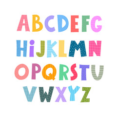 Cute Color alphabet. Hand drawing font for children. Flat isolated vector illustration. design for typographic posters, banners, cards