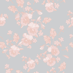 Vector floral seamless pattern with beige pansies, and forget me not flowers