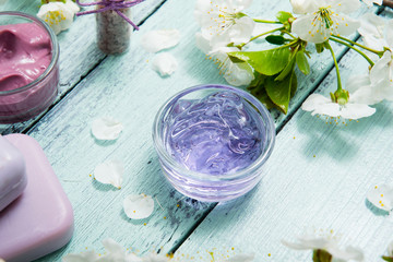 cosmetics, soaps and cherry flowers