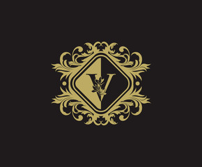 Classic logo design with initial V. Elegant flourishes V Letter. Border carved frame logo template. Vintage vector element.