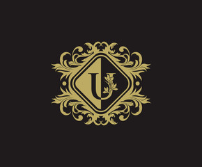 Classic logo design with initial U. Elegant flourishes U Letter. Border carved frame logo template. Vintage vector element.