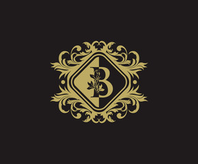 Classic logo design with initial B. Elegant flourishes B Letter. Border carved frame logo template. Vintage vector element.