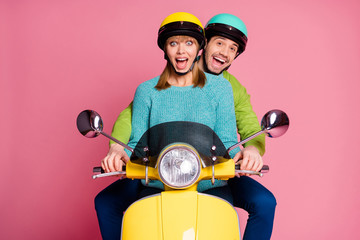 Photo of funny lady guy couple driving sitting big speed vintage yellow moped spend vacation...