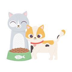 cats make me happy, cute cats with bowl food cartoon