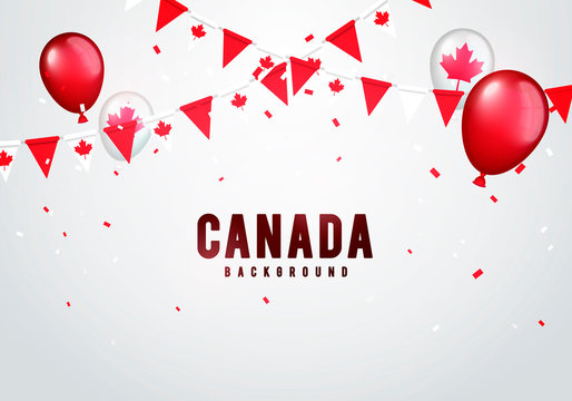 Vector Illustration Canada Celebration Background. Garland, Balloons And Confetti In Canadian Colors.