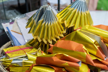Fototapeta premium Chinese tradition (Paper money, Gold/Silver paper for passed away ancestor's spirits before making offerings for ancestors