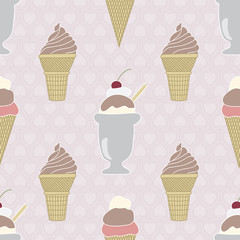 Vector Ice Cream Sundaes and Cones on Pink Background. Seamless Repeat Pattern. Background for textiles, cards, manufacturing, wallpapers, print, gift wrap and scrapbooking.