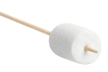 Close-up of marshmallow on a stick, isolated on white background