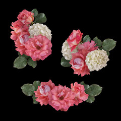 Pink roses and white hydrangea isolated on black background. Floral arrangement, bouquet of garden flowers. Can be used for invitations, greeting, wedding card.