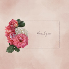 Floral card with copy space. Pink roses and white hydrangea on pastel textured grange background. Bouquet of garden flowers.