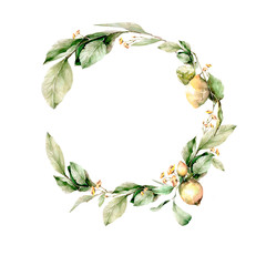 Fototapeta premium Hand drawing watercolor wreath of lemons, flowers, leaves and branches. illustration isolated on white