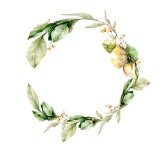 Hand drawing watercolor wreath of lemons, flowers, leaves and branches. illustration isolated on white