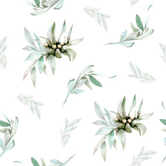 Hand drawing watercolor pattern of olive leaves and branches. illustration isolated on white