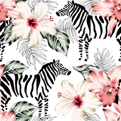Tapeten Tropisches Zebra, Orchideenblüten, Palmblätter, weißer Hintergrund. Vektornahtloses Muster. Dschungel-Illustration. Exotische Pflanzen, Tiere. Sommerliches Blumenmuster. Paradiesische Natur © ojardin