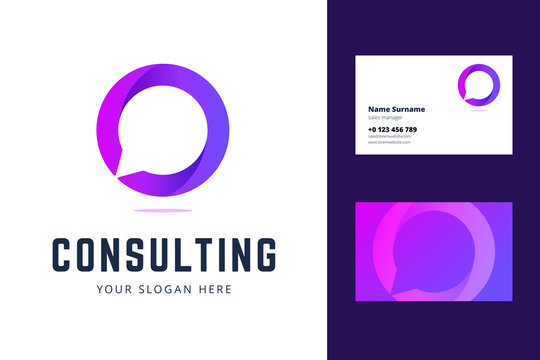 Logo and business card template for consulting, support and chat services. Vector illustration in gradient violet style with speech bubble symbol.