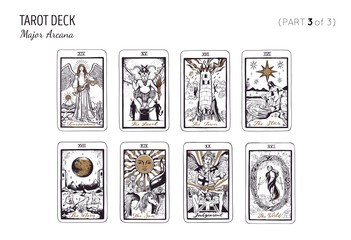 Tarot card deck. Major arcana set part 1of 3 . Vector hand drawn engraved style. Occult and alchemy symbolism. The fool, magician, high priestess, empress, emperor, lovers, hierophant, chariot - obrazy, fototapety, plakaty