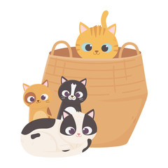 cats make me happy, cat in basket and kittens sitting cartoon