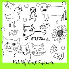 Set in the style of hand drawing of animals, comic illustration outline. Kit Of farmer.