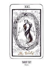 Vector hand drawn Tarot card deck. Major arcana The World. Engraved vintage style. Occult, spiritual and alchemy