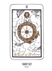 Vector hand drawn Tarot card deck. Major arcana Wheel of fortune. Engraved vintage style. Occult, spiritual and alchemy