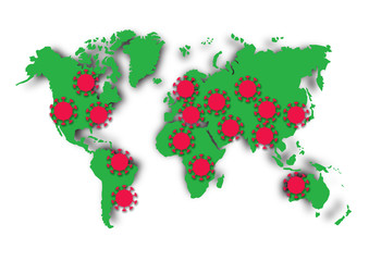 World map filled with red coronavirus COVID-19 symbols showing the pandemic global crisis. Illustration on white background.