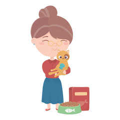 cats make me happy, old woman carrying cat with ball food