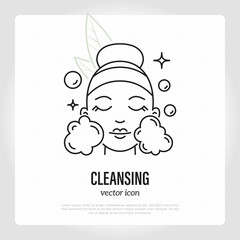 Face cleansing. Step of skin care routine. Girl's face with soap bubbles. Cosmetic procedure. Thin line icon. Vector illustration.
