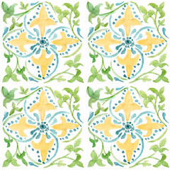 Fototapeta na wymiar Hand drawing watercolor pattern with ornament of Italian geometric blue-yellow tiles. illustration isolated on white