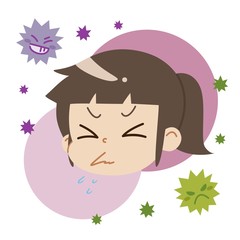 クシャミをしている女の子とウイルス（主線なし）
