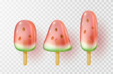 Ice lolly set isolated on transparent background. Realistic watermelon freeze juice on stick collection. Vector popsicle or candy template..