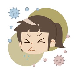 クシャミをしている女の子とハウスダスト（主線なし）