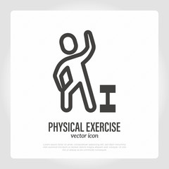 Physical exercise. Man training with dumbbell. Thin line icon. Healthy activity for elderly people. Vector illustration.