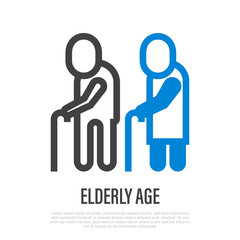 Elderly age, two old people with canes. Thin line icon. Pensioner disabled. Vector illustration.