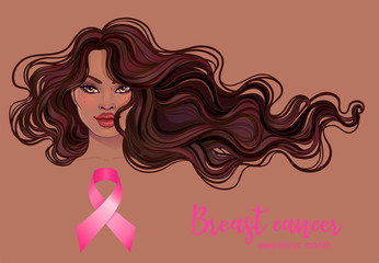 October: Breast Cancer Awareness Month, annual campaign to increase awareness of the disease. African American woman with breast cancer awareness pink ribbon, vector illustration health, medicine