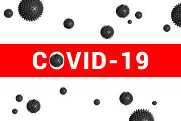 Bright red headline with inscription COVID-19 on white with abstract virus strain model. Coronavirus confirmed as pandemic by World Health Organization