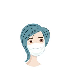 Cute girl in medical mask isolated on white background. Precautions against virus, air pollution, smog. Nursing staff in a flat style. Outbreak Defense. Stock vector illustration for design.