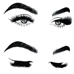  Fashion illustration of the eye with long full lashes. Hand drawn vector idea for business visфit cards, templates, web, salon banners,brochures. Natural eyebrows and modern makeup