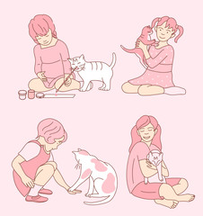 Little girl taking care of her cat