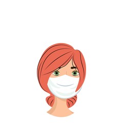 Sad girl in a medical mask isolated on white background. Precautions against virus, air pollution, smog. Nursing staff in a flat style. Outbreak Defense. Stock vector illustration for design.