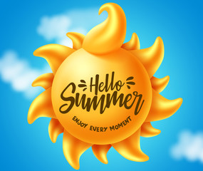 Hello summer vector banner design. Hello summer enjoy every moment text in sun element for tropical season with clouds element in blue background. Vector illustration. 