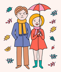 Cute cartoon couple walking in the rain with umbrella