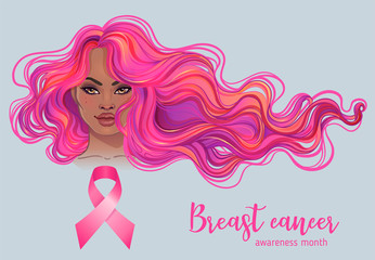 October: Breast Cancer Awareness Month, annual campaign to increase awareness of the disease. African American woman with breast cancer awareness pink ribbon, vector illustration health, medicine