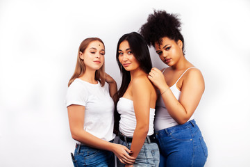 Fototapeta premium diverse multi nation girls group, teenage friends company cheerful having fun, happy smiling, cute posing isolated on white background, lifestyle people concept, african-american, asian and caucasian