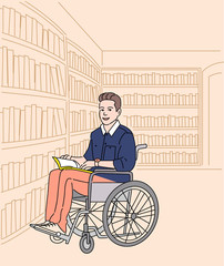 Cartoon character of disabled student with book on wheelchair at university library, Concept of students with special needs