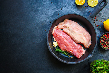 duck breast raw fillet meat, grilled meat. Menu concept food background keto or paleo diet. top...